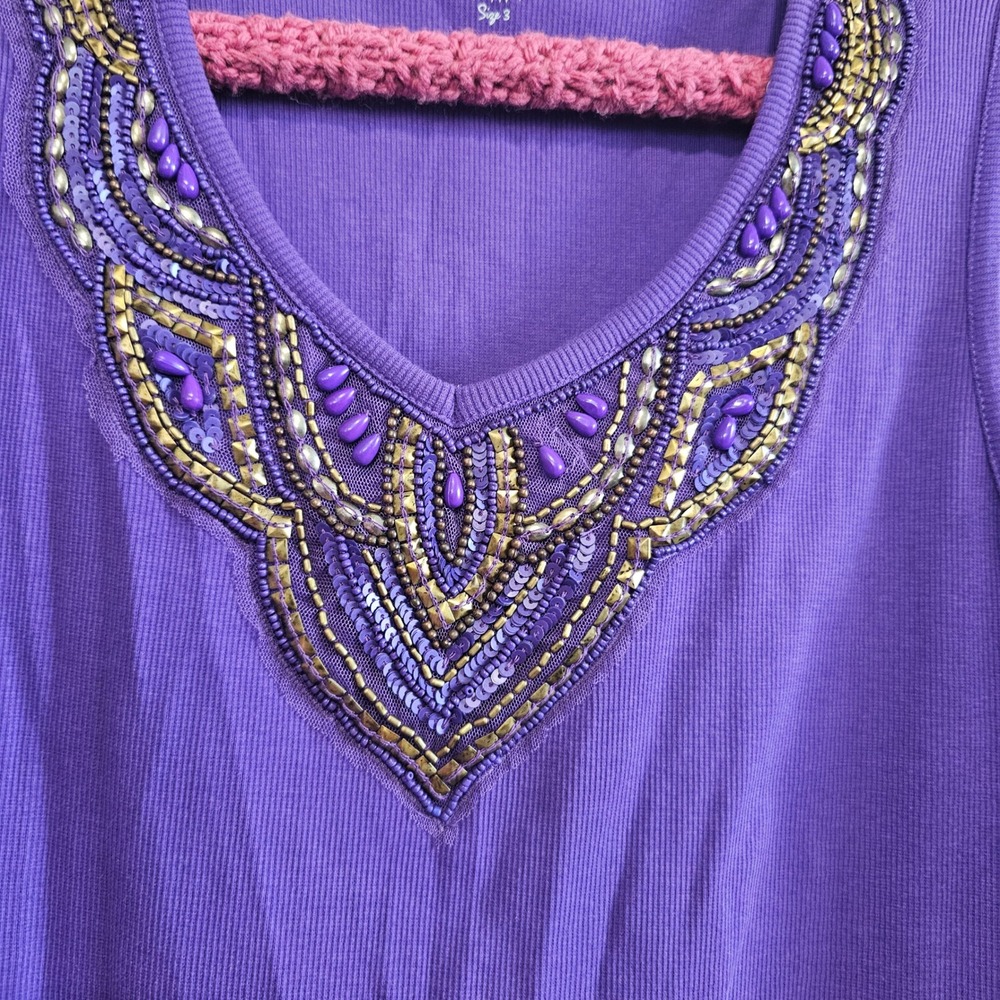 Chico's Purple Beaded V-Neck Ribbed Tank Top Sleeveless Blouse Size 3 XL - Picture 5 of 5
